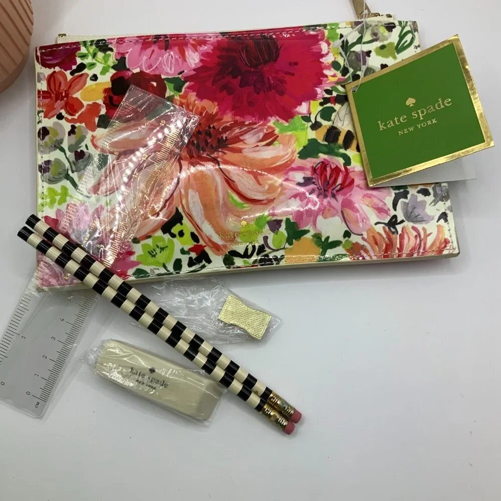 Kate Spade NWT Dahlia Floral Multi Colored Ruler Sharpener Eraser Pencil Pouch